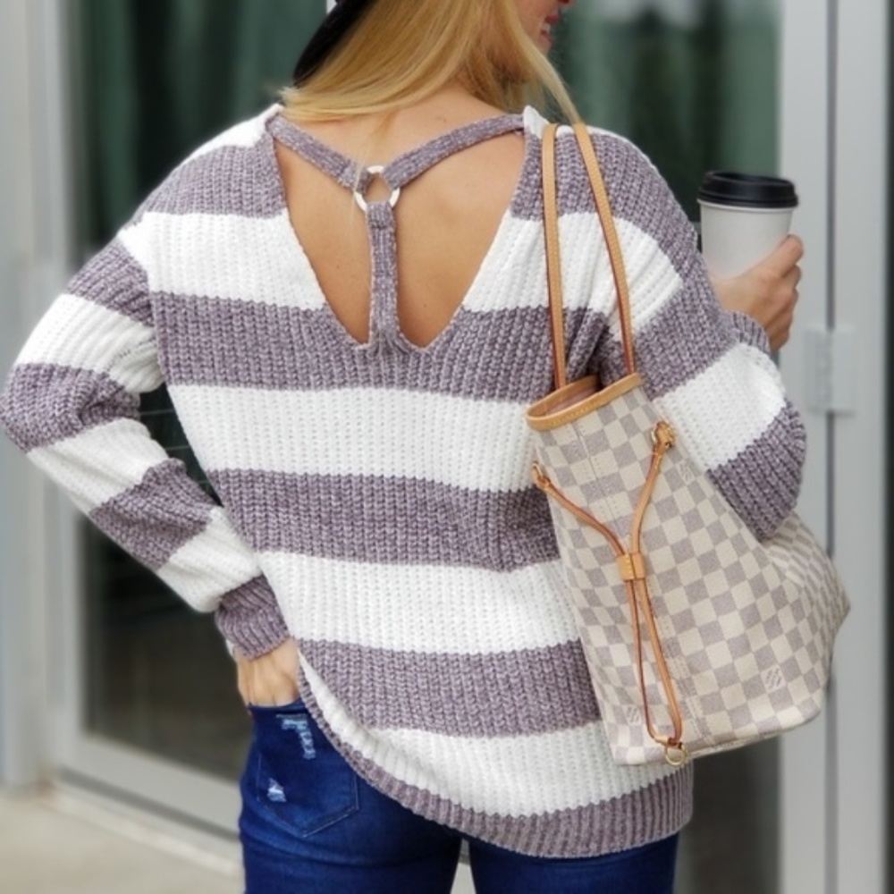 Gray Striped Chenille Sweater So Soft Warm Fall - Picture 1 of 3